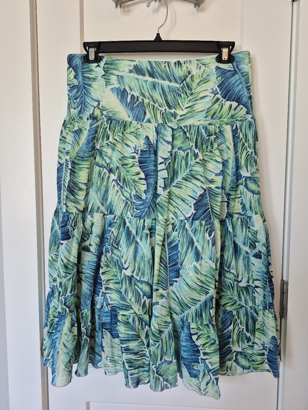 Chaps Denim Blue and Green Tropical Leaf Tiered Midi Skirt